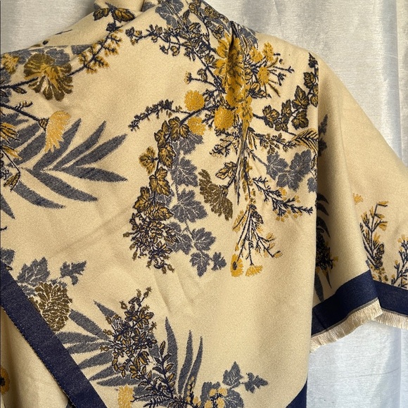 Floral Patterned Shawl Scarf with Blue and Gold Accents - Picture 5 of 7